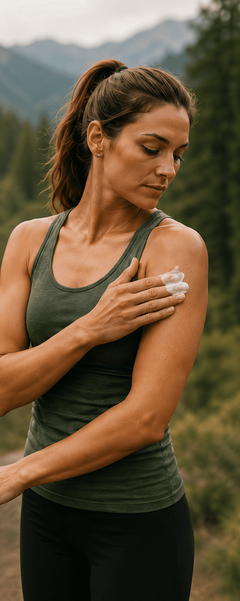 Woman applying cream to shoulder