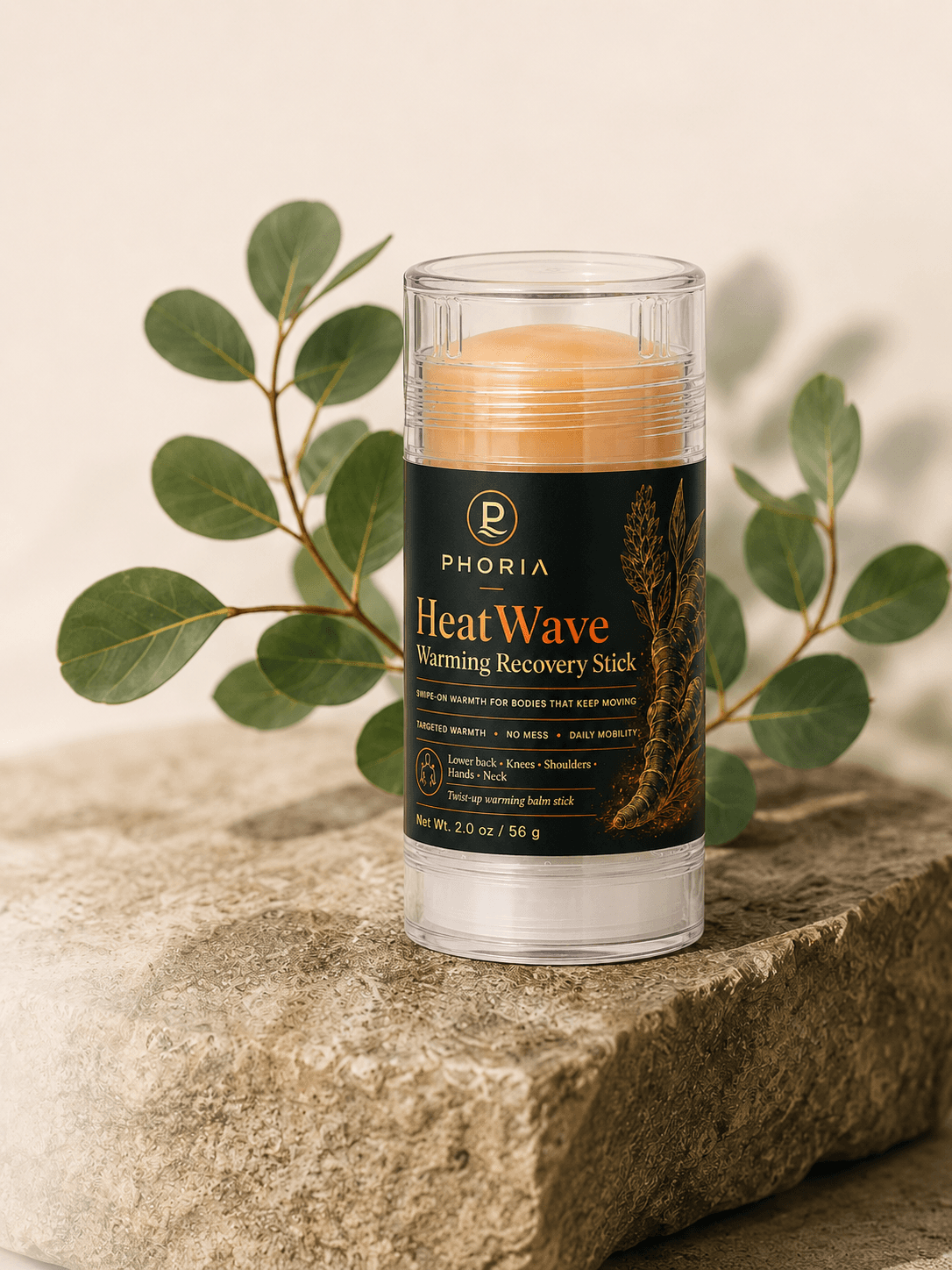 PHORIA products with botanical leaves on stone